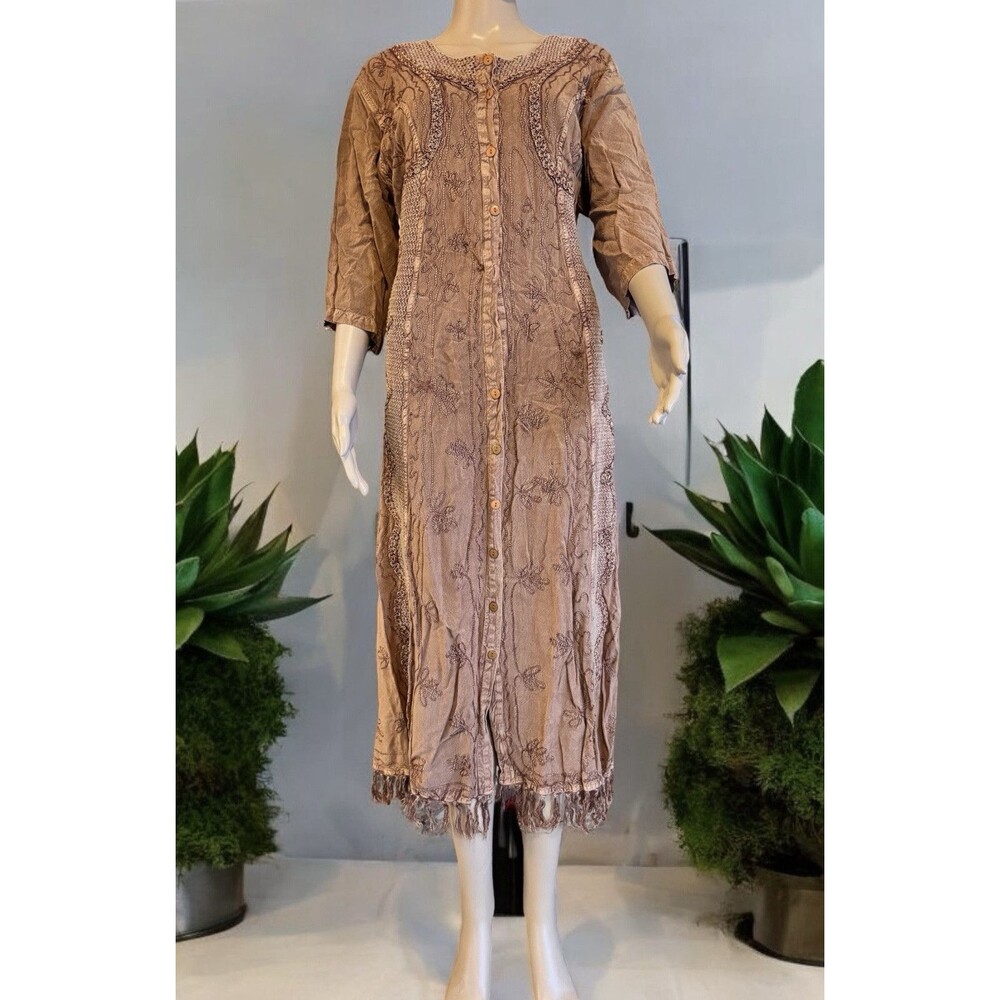 VTG Embroidered Maxi Dress  Free Size Button Front Rayon Tie Fringe Boho Cottage